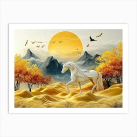 3d Horse and Golden Trees with Colored Mountains 1 Art Print