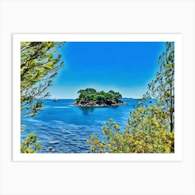 Serene Seascape Escape. The image depicts a tranquil coastal scene featuring a small, lush island surrounded by clear blue waters. Several boats are anchored nearby, and a person is seen riding a jet ski, leaving a trail of white foam behind. The sky is clear, enhancing the vibrant blue hues of the sea and sky, creating a picturesque and serene atmosphere. 4 Art Print