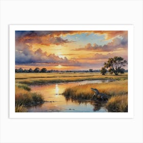 Wild Majesty: Africa's Open Fields Alligators At Sunset Art Print