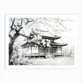 Temple And Sakura - Black And White Art Print