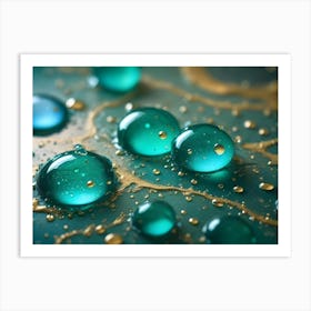 A Close Up Shot Of Turquoise Colored Liquid Droplets On A Teal Surface With Gold Accents Art Print