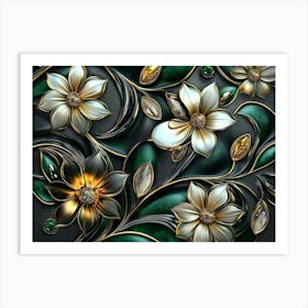 Luxury Floral Seamless with Flowers Elegant Leather Texture Illustration Background in Golden, Green and White 1 Art Print