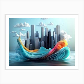 3d Artwork Of Skyline And Waves Painting Art Print