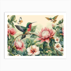 Tropical Background with Protea, Hibiscus Flowers, Leaves, Hummingbirds, Butterflies Art Print