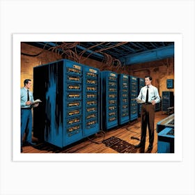 Two Men In Suits Stand In A Server Room, Looking At A Panel Art Print