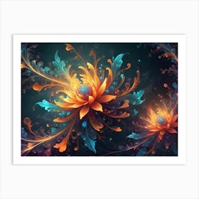 Two Glowing, Abstract Flowers With Intricate Petals In Shades Of Orange, Blue, And Teal Against A Dark, Textured Background Art Print