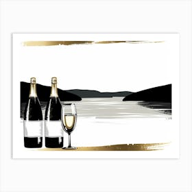 Two Bottles Of Wine On A Lake Art Print