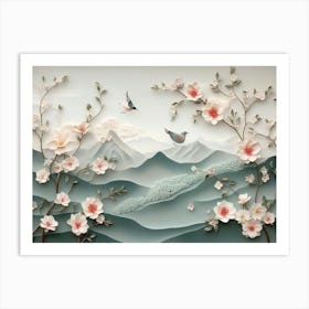 3d Floral with Branches, Birds and Mountains Art Print