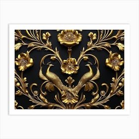 Elegant Leather Base Golden Floral Seamless Damask Flowers with Golden Peacocks on Black Art Print