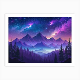 Mountain Landscape At Night With A Starry Sky And Pink Clouds Art Print