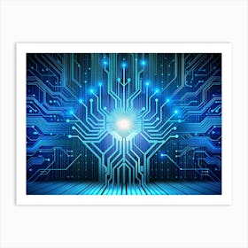 Abstract Circuit Board With Blue Lines And Glowing Light Art Print