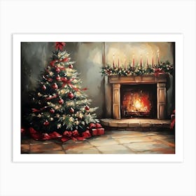 Christmas Tree By The Fireplace Art Print