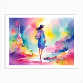 Girl With A Backpack Art Print