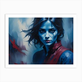 A Digital Painting Of A Woman S Portrait, Featuring A Blue And Red Color Scheme Art Print