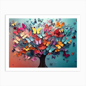 Multicolor Flower with Leaves and Butterflies Above on the Tree Art Print