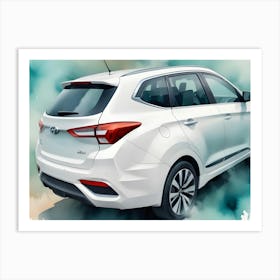 A White Suv With A Watercolor Style Background Of Green And Blue Splotches Art Print