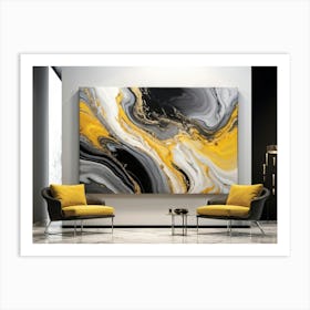 Abstract Art Featuring Liquid Marble Patterns Flowing Together In A Dance Of Grey Black Yellow G Art Print