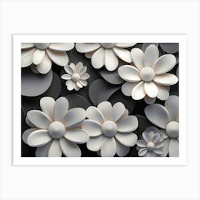 3d Look White And Black Circle With White Flower 2 Art Print