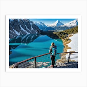 Woman trekking at snowy winter Alps, Rocky Mountains 7 Art Print