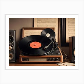 Vintage Record Player On A Wooden Surface With Speakers, Music Sheets, And A Record Playing Art Print