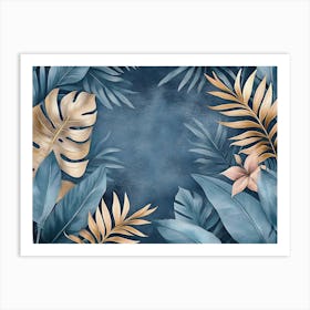 Blue Vintage Tropical Leaves in Seamless Border Design Premium Art Luxury Silver Grey Background Texture Art Print