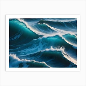 Powerful Ocean Waves With Deep Blue And Turquoise Hues Crest And Break, Showcasing The Force And Beauty Of Nature Art Print