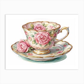 Vintage Teacup And Saucer With Roses Art Print