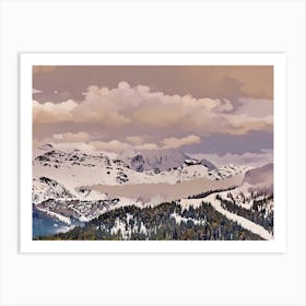 Snowy Mountain Landscape Alta Badia Italian Alps. The image depicts a picturesque mountain landscape with snow-capped peaks and a dense forest in the foreground. The sky is filled with fluffy white clouds, casting a soft, ethereal glow over the scene. The mountains are covered in a blanket of pristine white snow, with hints of rocky outcroppings peeking through. The forest below is a mix of evergreen trees, their branches laden with snow. Art Print