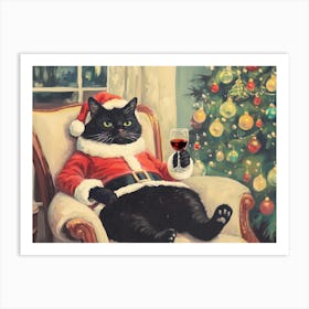 Christmas Santa Cat Holding Wine Art Print