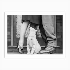 White Cat Looking at Couple Kissing, Vintage Black and White Old Photo Art Print