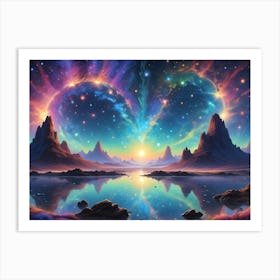 Surreal, Fantastical Landscape Illustration Depicting A Mountain Range Surrounding A Still Lake With Vibrant Colored Light, With Stars, Planets, And Galaxies Art Print