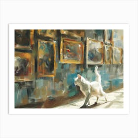 White Cat In The Library - Wandering In The Exhibition Room Art Print