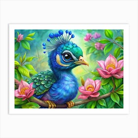 Adorable Baby Peacock Perched Among Pink Flowers Art Print