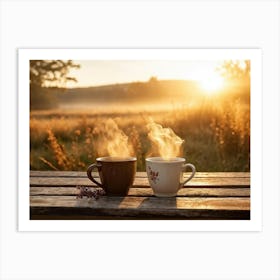 Two Coffee Cups On A Wooden Table At Sunrise Art Print