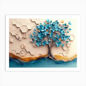 3d Tree Turquoise and Blue Leaves on Colorful Hexagons Art Print