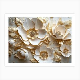 3d Art With Modern Flower Artwork In Gold And White Hues Art Print