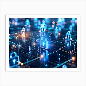 Digital Grid With Glowing Blue Lock Icons, Representing Cybersecurity 1 Art Print