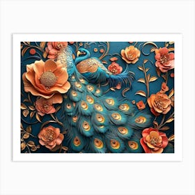 Elegant Leather Base Combines Bright Color Floral with Exotic Oriental Pattern Flowers and Peacocks 4 Art Print