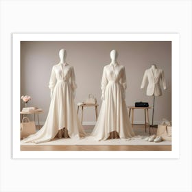 A Fashion Studio With Two Mannequins Dressed In White Dresses And Surrounded By Various Accessories, Such As Shoes, Bags, And Lamps Art Print