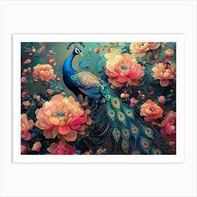 Bright Color Floral With Exotic Oriental Pattern Flowers And Peacocks 4 Art Print