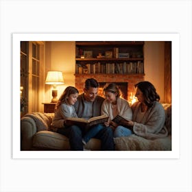 Family Reading In Front Of Fireplace Art Print