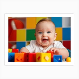 Baby Smiling Engaging With Vibrant Blocks Of Primary Colors Soft Focus Background Enhancing The Ch (1) Art Print