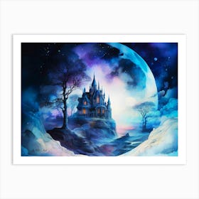 Abstract Watercolor Painting of a mystic Castle at Full Moon Art Print