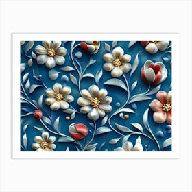 Flowers On A Blue Background 10 Art Print