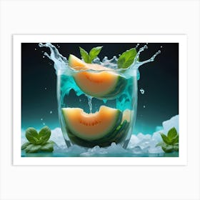 Two Slices Of Melon Are In A Glass Of Water, Surrounded By Ice And Basil Art Print