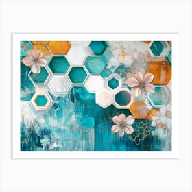 Turquoise And Blue Elements Blend with White Lattice and Brown Hexagons Art Print