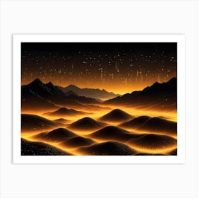 Abstract Landscape Rendered In 3d, With Glowing Yellow Lights On Black Mountains Art Print