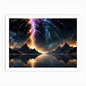 A Dramatic Landscape Of Mountains And A Lake With A Spectacular Display Of Dual Colored Lightning Striking The Peaks, Reflecting In The Water Art Print