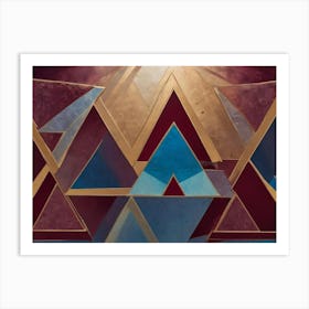 A Geometric Abstract Design With Overlapping Triangles In Shades Of Blue, Red, And Gold Art Print