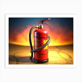 Red Fire Extinguisher With Hose On A Yellow Brick Background Art Print